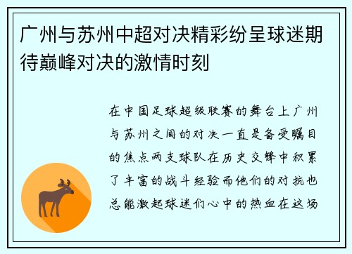 广州与苏州中超对决精彩纷呈球迷期待巅峰对决的激情时刻